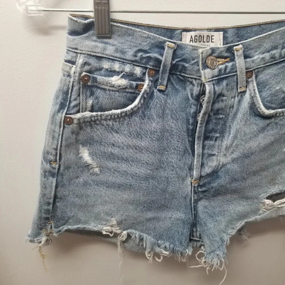 đ
şAGOLDE High Rise Button Fly Distressed Jean Shorts 23 - Picture 4 of 10